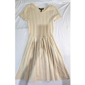 BCBGMAXAZRIA Cream 100% Wool Cable Knit Short Sleeve Fit & Flare Dress XS Ivory